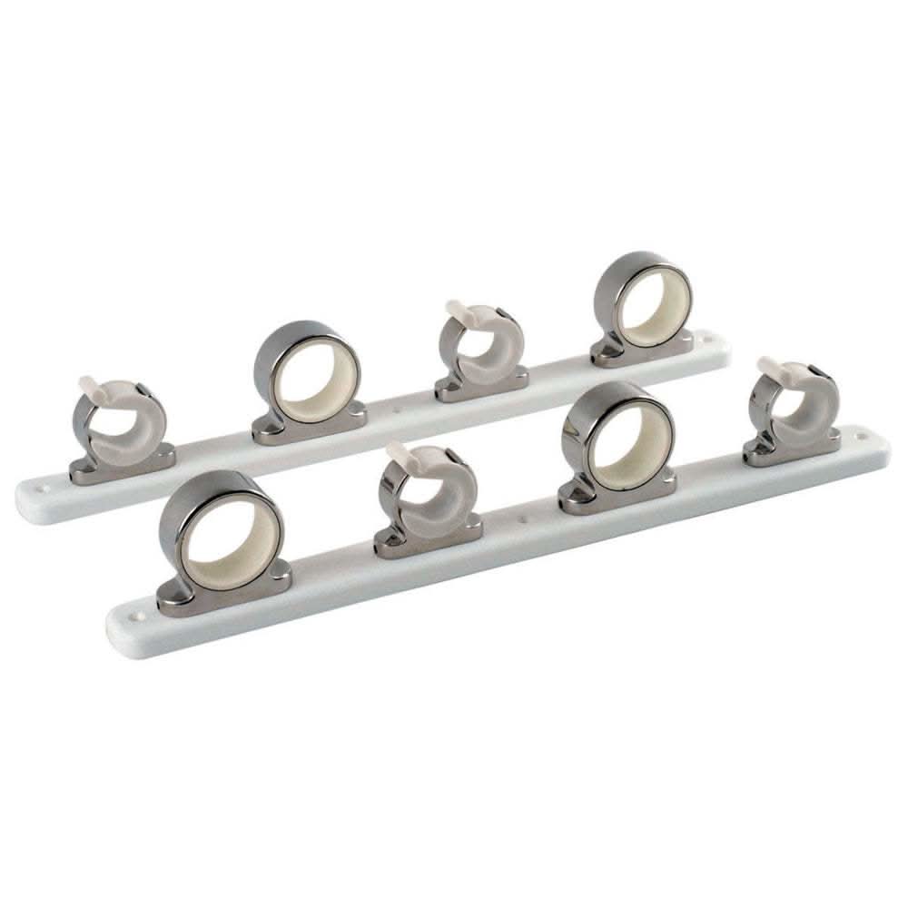 TACO 4-Rod Hanger with polished stainless steel and white poly rack for secure rod storage