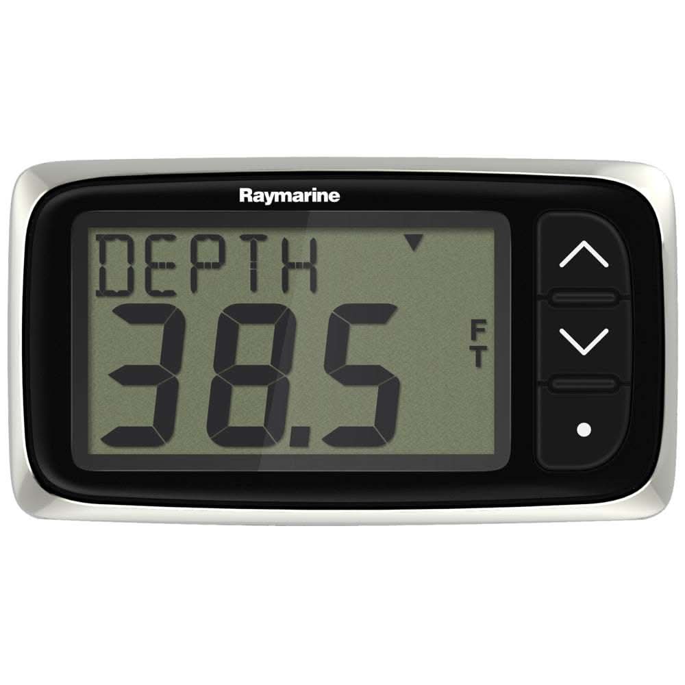 Raymarine i40 Depth Display with transducer showing depth reading, compact marine instrument with large digits and red backlight for boat helm use