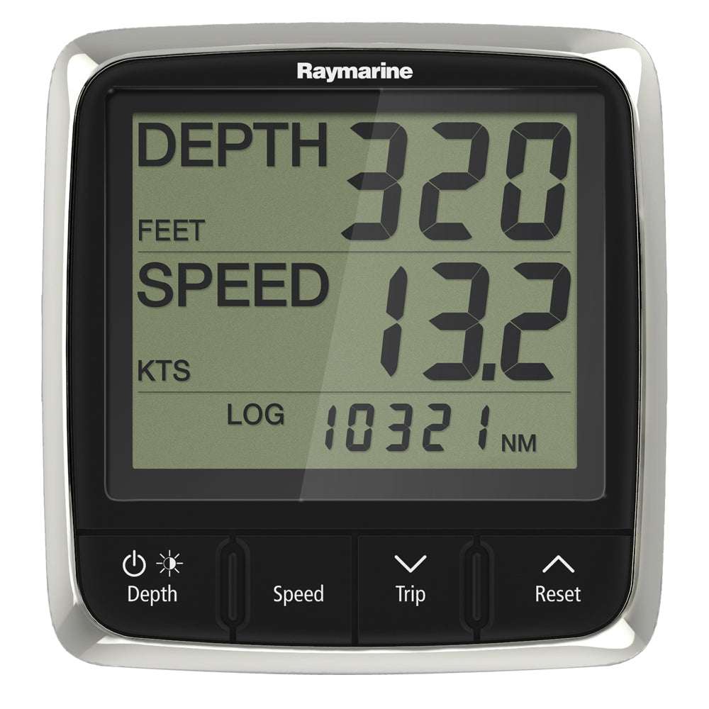 Raymarine i50 Tridata marine instrument display showing depth, speed, and log data with buttons for depth, speed, trip, and reset.