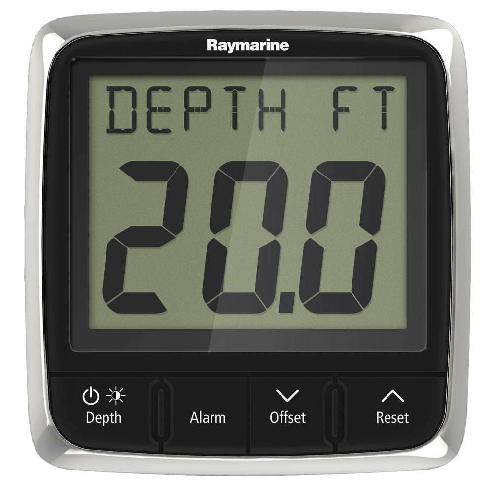 Raymarine i50 Depth Display with large digital LCD and depth reading of 20.0 feet, marine instrument with alarm and reset buttons