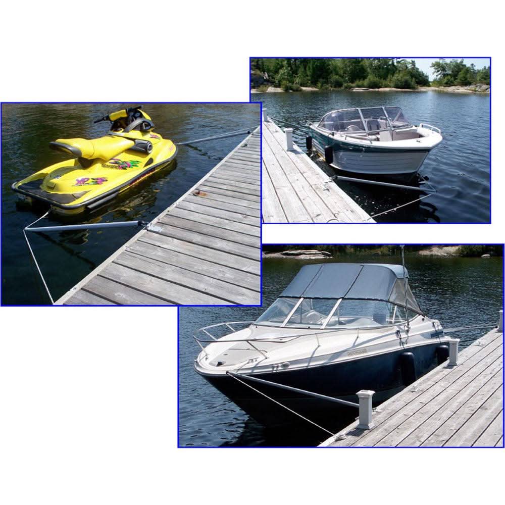 Dock Edge Mooring Arm securing watercrafts safely at dock, 4-foot fiberglass mooring arm preventing damage from waves and wind