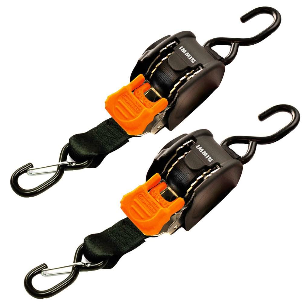 CargoBuckle Mini G3 retractable tie-down with dual S-hooks 1"x72" black and orange