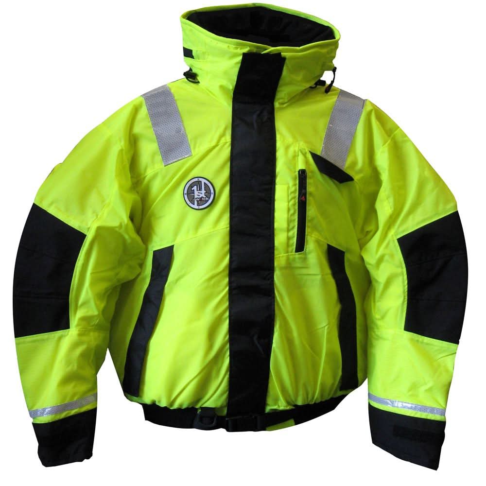 First Watch Hi-Vis Flotation Bomber Jacket in yellow and black with reflective tape, USCG approved, small size