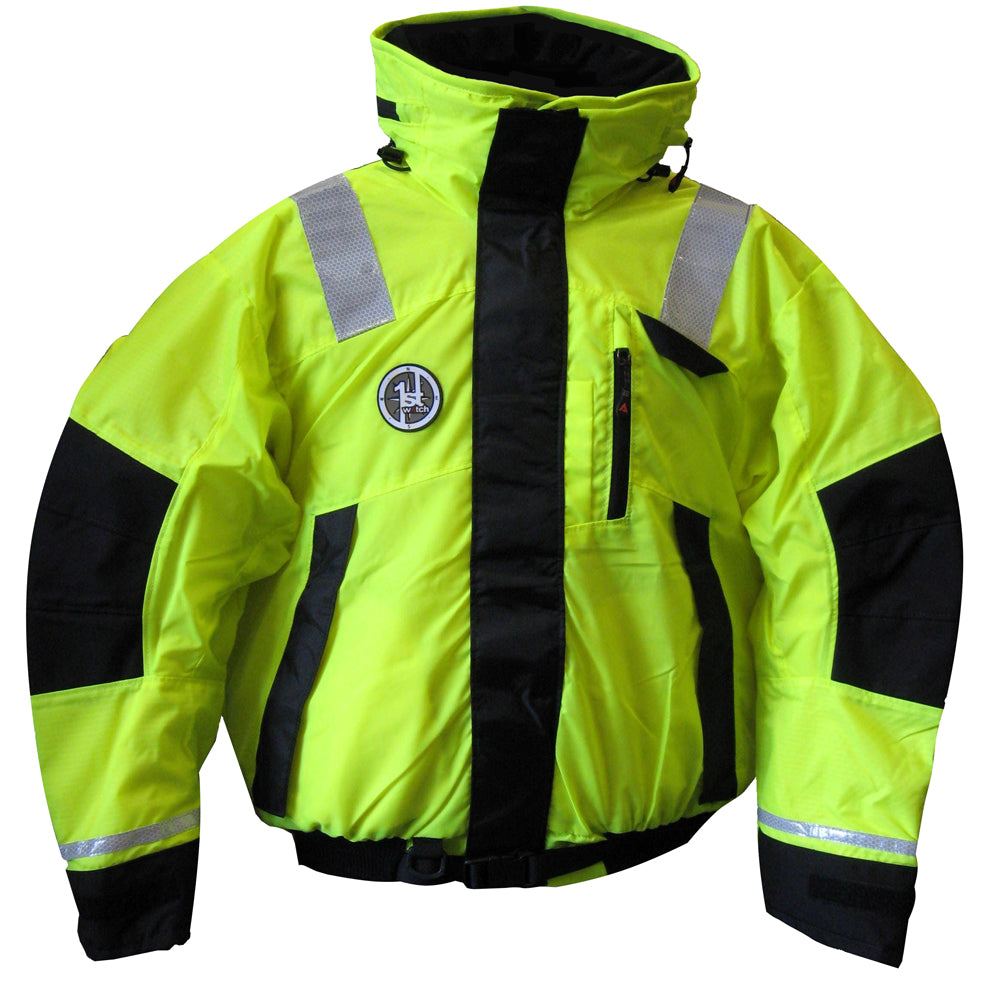 First Watch Hi-Vis yellow and black flotation bomber jacket with reflective tape and USCG Type III approval