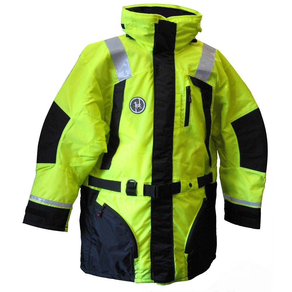 First Watch Flotation Coat in hi-vis yellow and black with reflective panels and USCG Type III approval