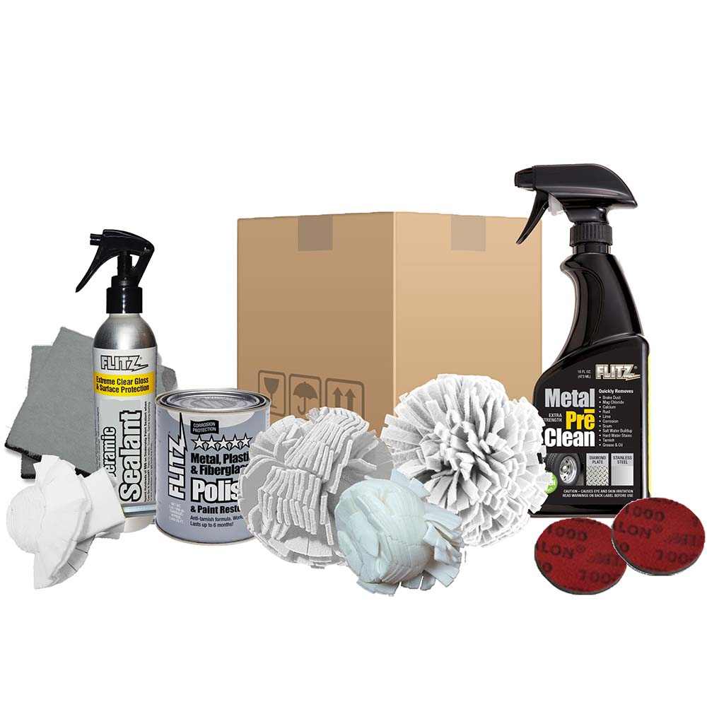 Flitz Professional Detailers Kit with sealant, polish, pre-clean spray, buff balls, abrasive discs, microfiber cloths, and packaging box
