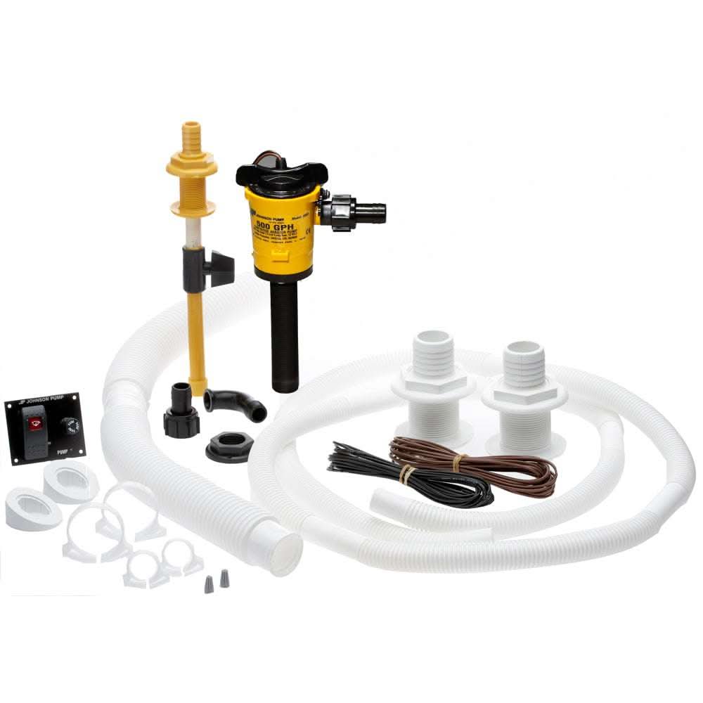 Johnson Pump Basspirator aerator kit with 500 GPH pump, hoses, overflow fittings, and fuse switch for livewell aeration