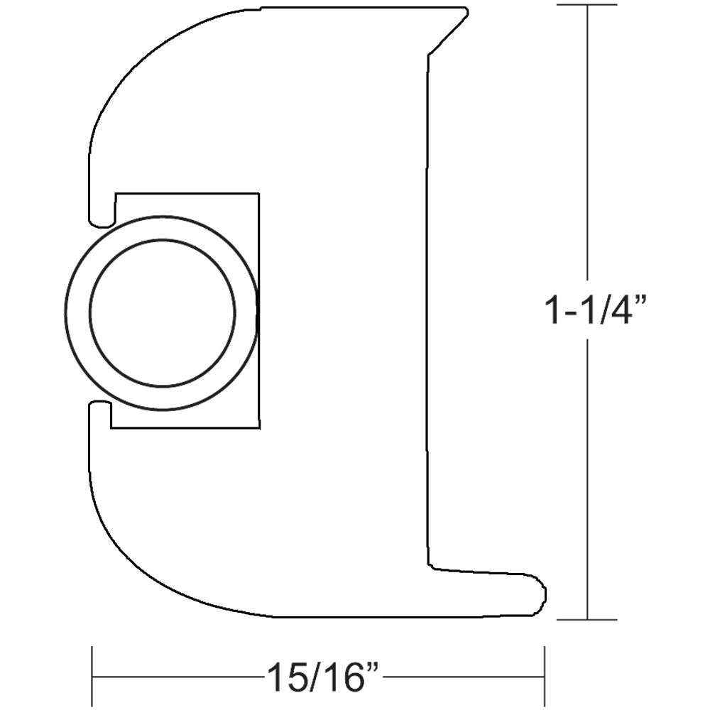Diagram of TACO Flex Vinyl Rub Rail cross-section with dimensions 1-1/4 inch height and 15/16 inch width in white with white insert