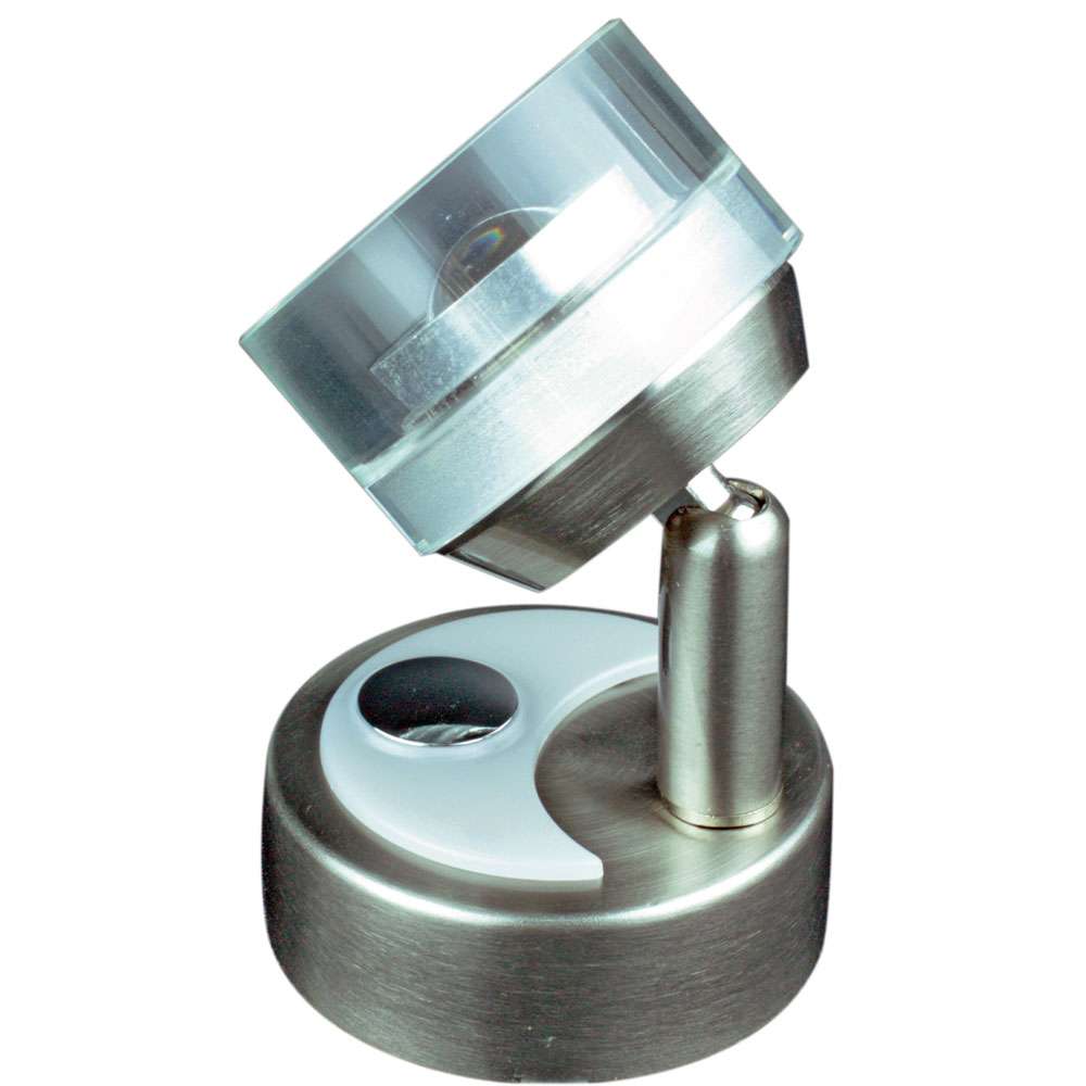 Lunasea Wall Mount LED Light with round glass shade and brushed nickel finish featuring touch dimming and warm white light