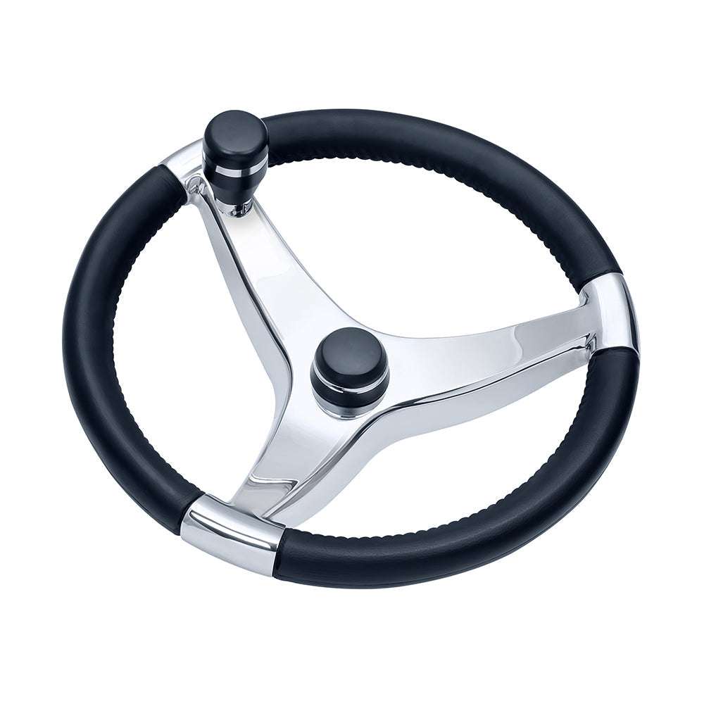 Ongaro Evo Pro 316 stainless steel boat steering wheel with black polyurethane grip and control knob, 13.5 inch diameter