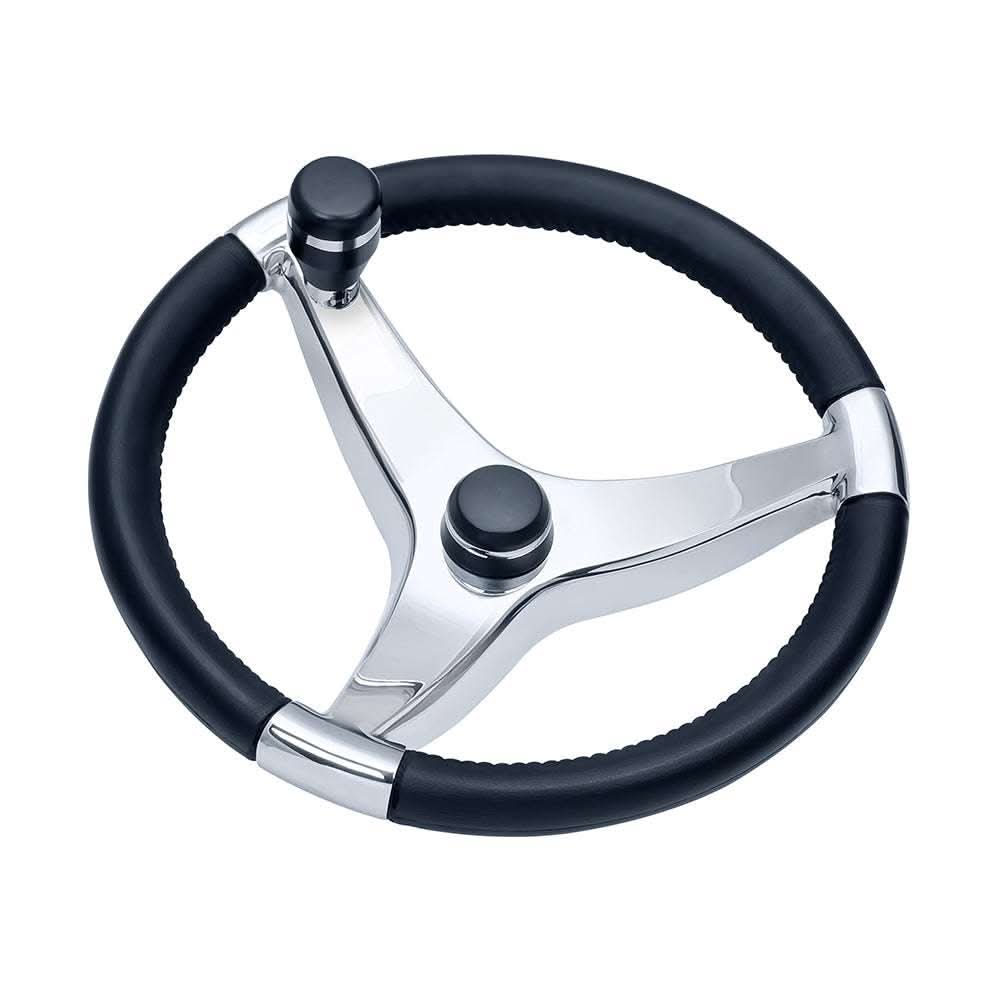 Ongaro Evo Pro 316 stainless steel boat steering wheel with black polyurethane grip and control knob, 13.5 inch diameter