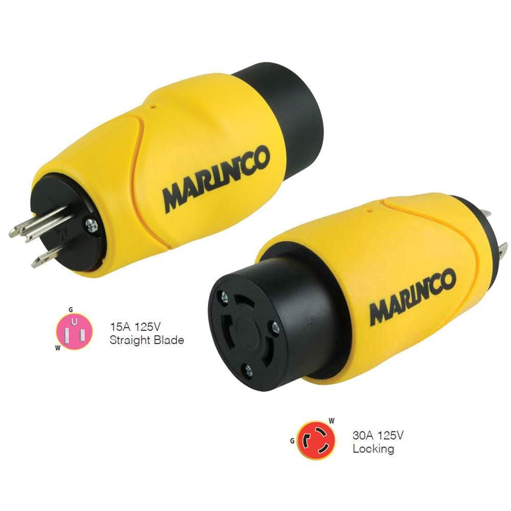 Marinco Straight Adapter 15Amp male to 30Amp locking female shore power connector yellow