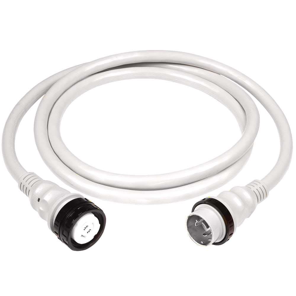 Marinco 50Amp 125/250V 25ft white marine-grade shore power cable with watertight connectors and LED power indicator