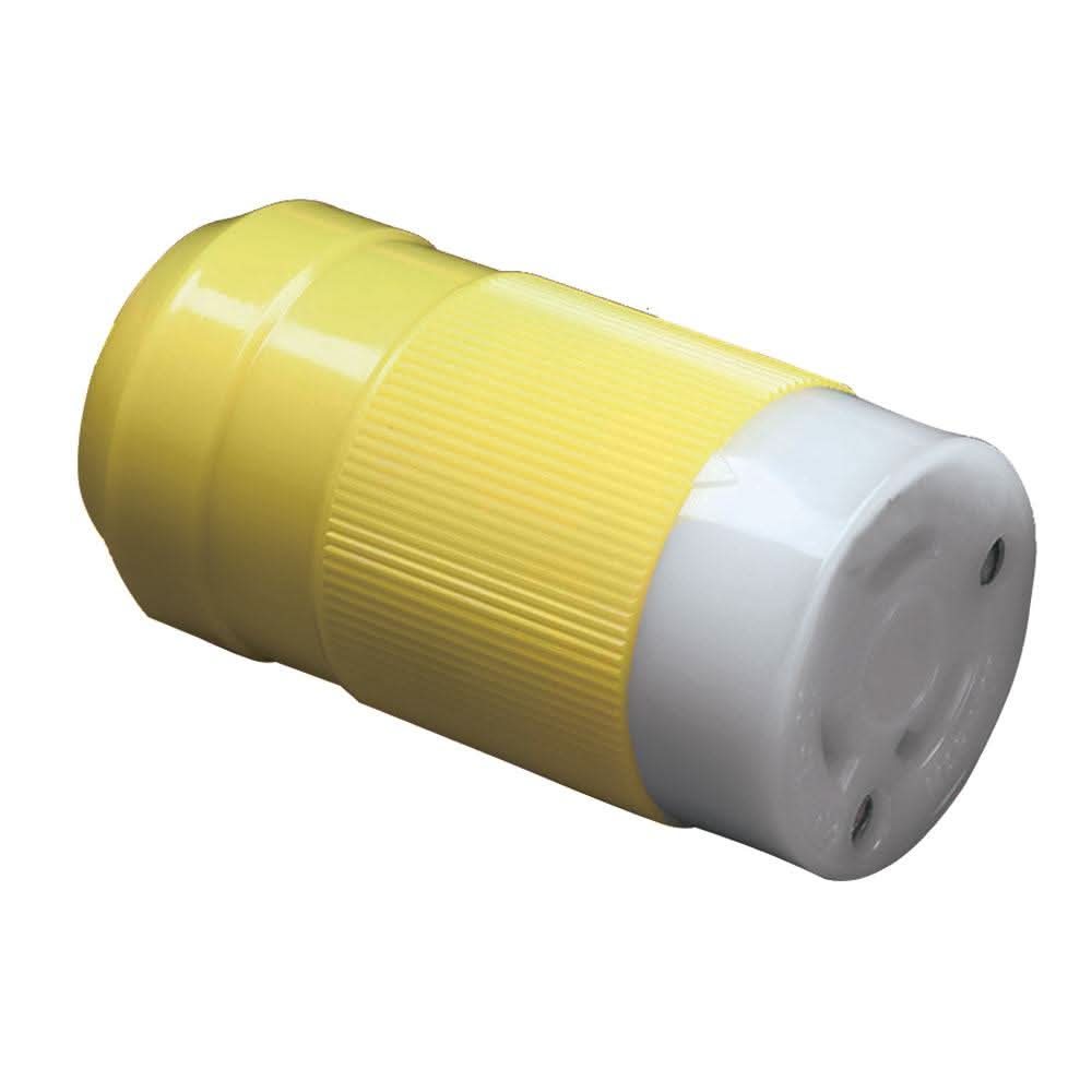 Marinco 6360CRN 50A 125V female locking connector with ribbed yellow nylon housing and 2-pole 3-wire design