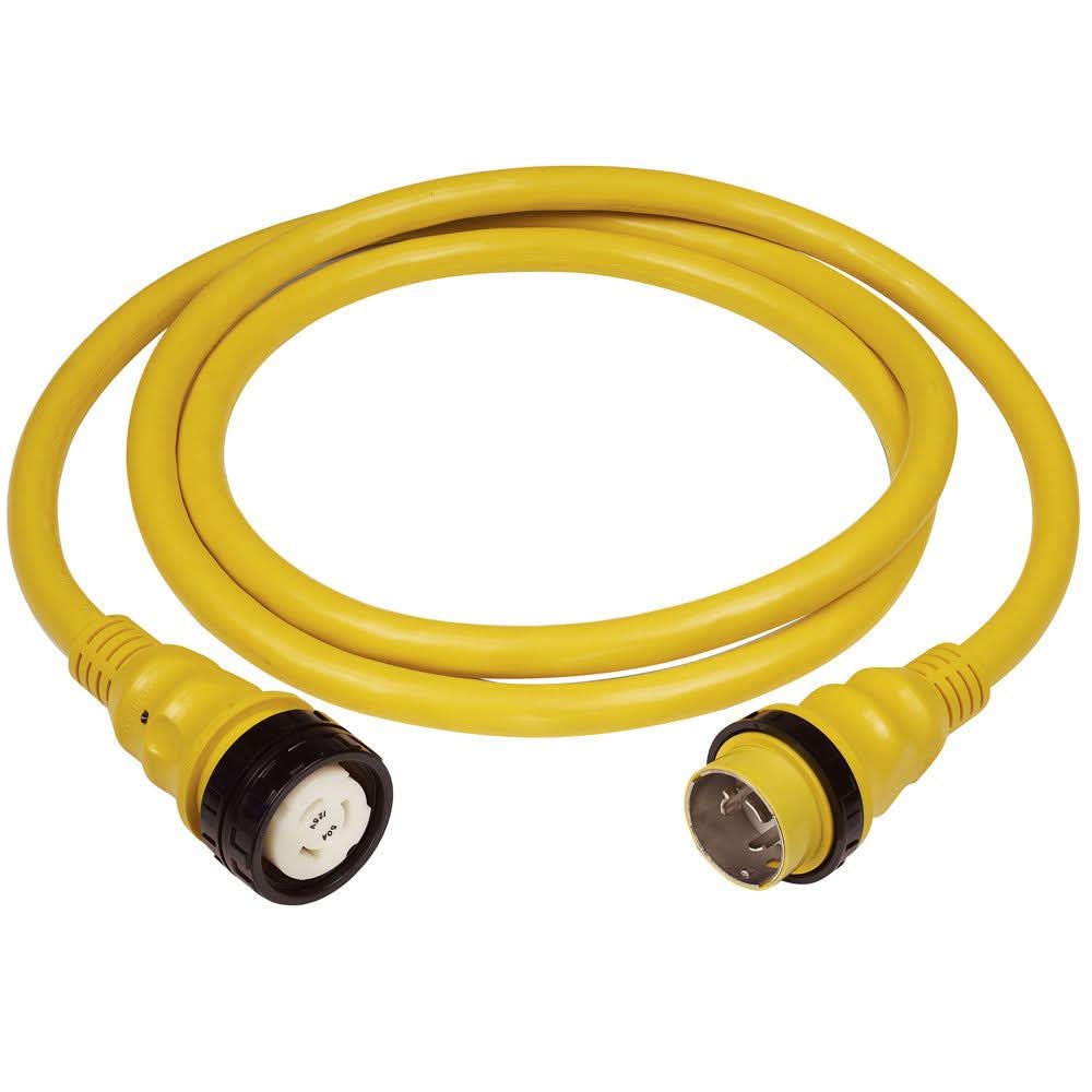 Marinco 50A 125V yellow 25-foot marine shore power cable with LED indicator and watertight connectors