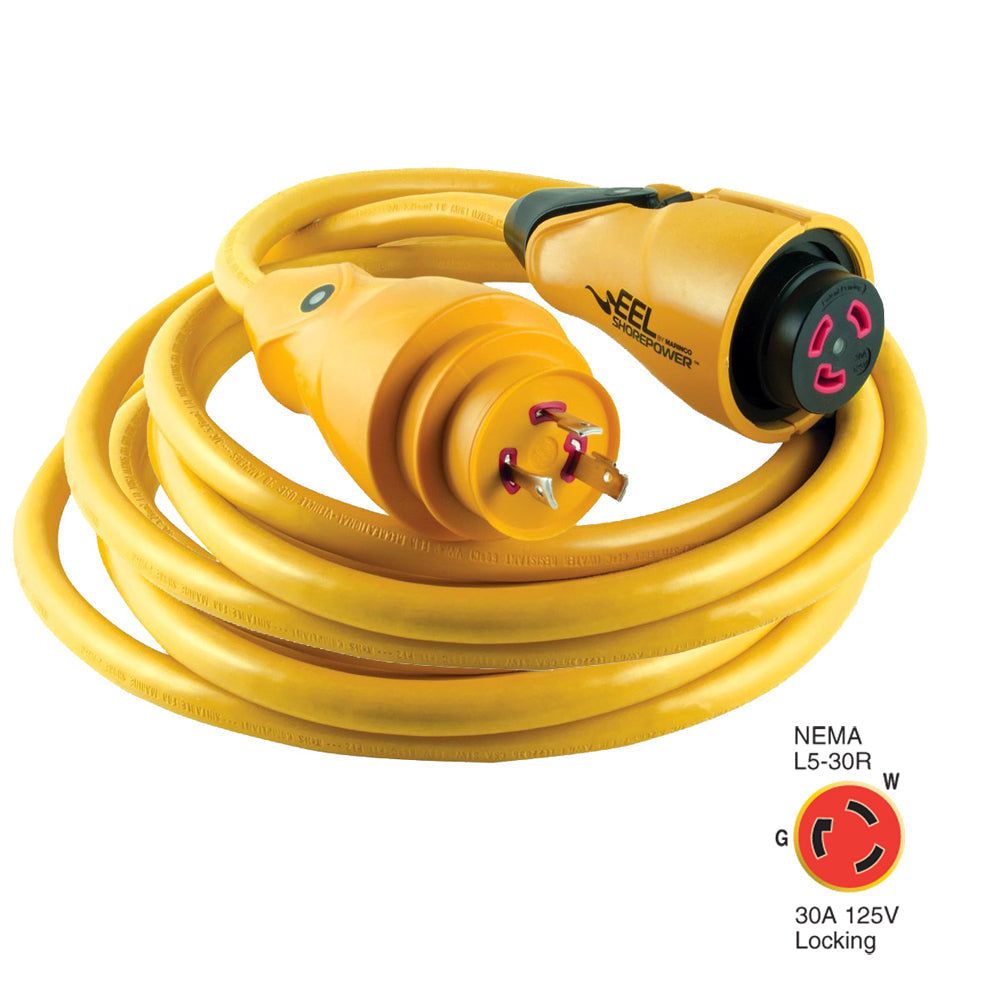Marinco CS30-50 EEL 30A 125V 50-foot yellow shore power cordset with one-handed locking and built-in LED light