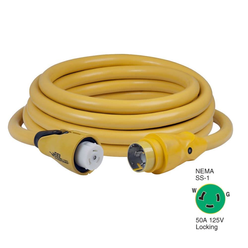 Marinco CS503-25 50A 125V yellow 25-foot shore power cordset with EEL twist-lock connectors and built-in LED indicator