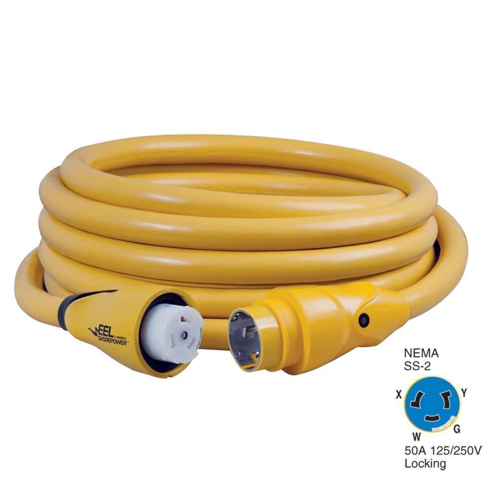 Marinco CS504-25 yellow 25ft 50A 125V/250V waterproof shore power cordset with one-handed EEL locking system and LED light