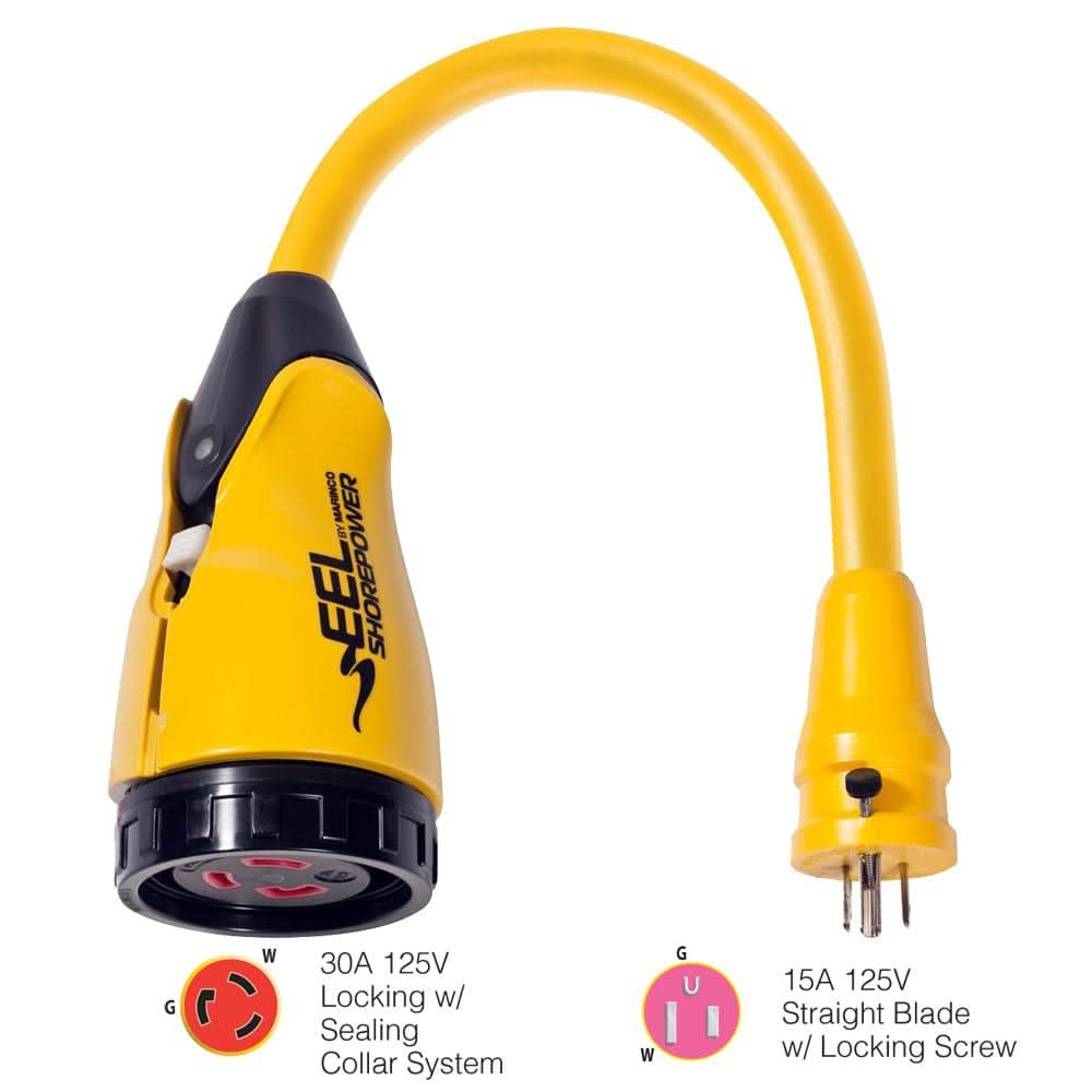 Marinco P15-30 yellow 30A-125V female to 15A-125V male pigtail adapter with sealing collar and locking screw