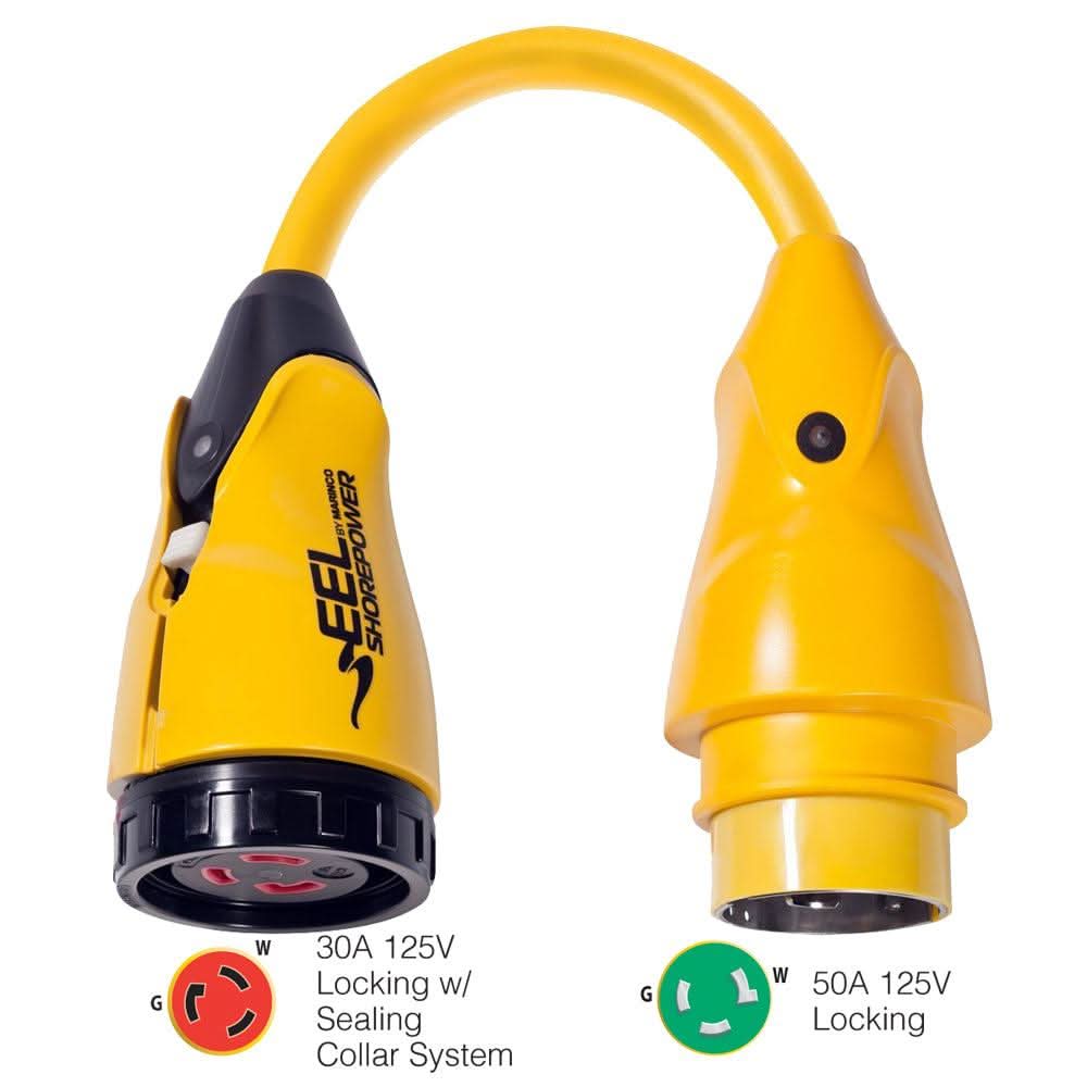 Marinco P503-30 yellow 30A-125V female to 50A-125V male pigtail adapter with sealing collar for wet locations