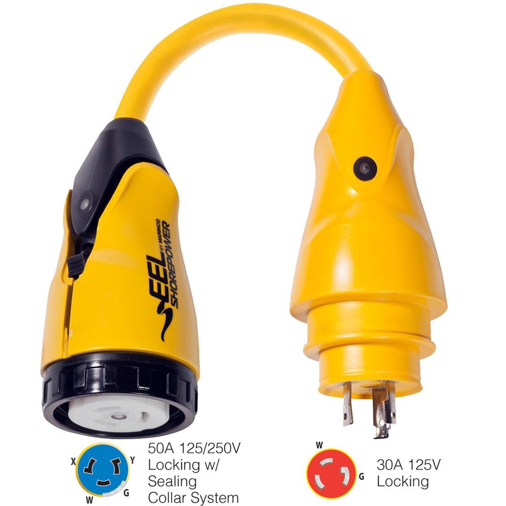 Marinco P30-504 yellow pigtail adapter with 50A-125/250V female locking connector and 30A-125V male locking plug for wet locations