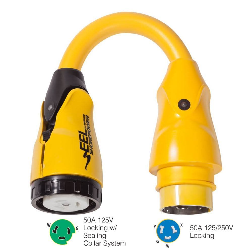 Marinco P504-503 yellow 50A-125V female to 50A-125/250V male locking pigtail adapter with sealing collar for wet locations