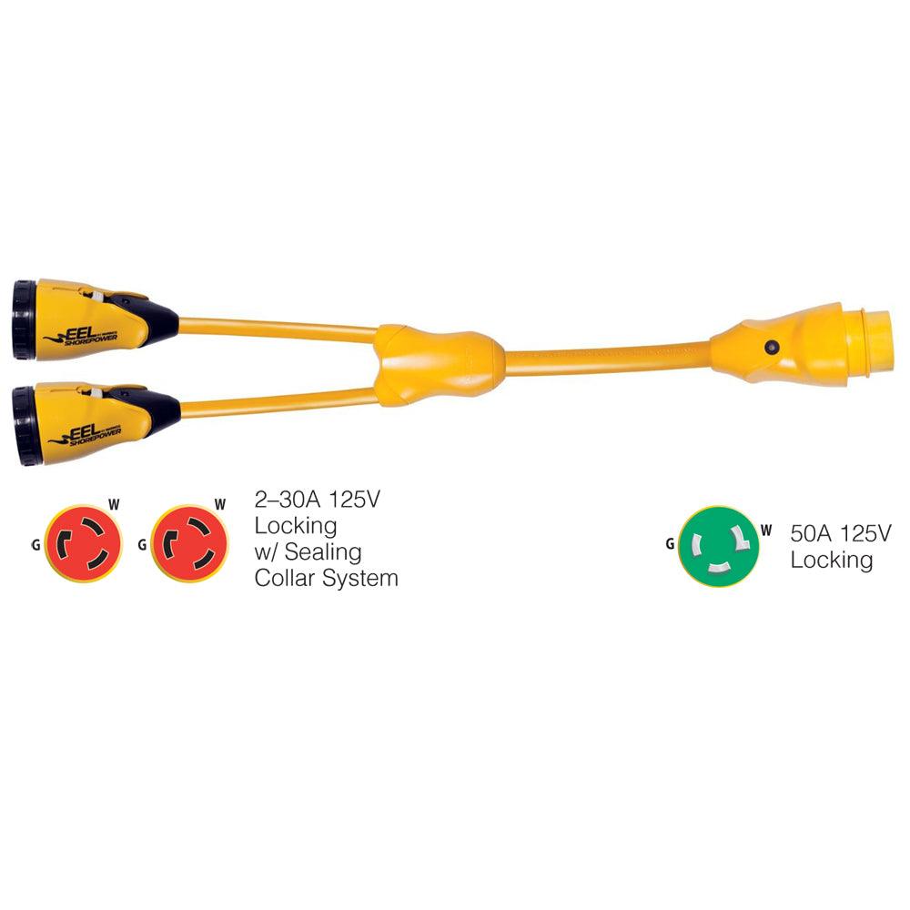 Marinco Y503-2-30 yellow Y adapter with two 30A female 125V connectors to one 50A male 125V connector for wet locations