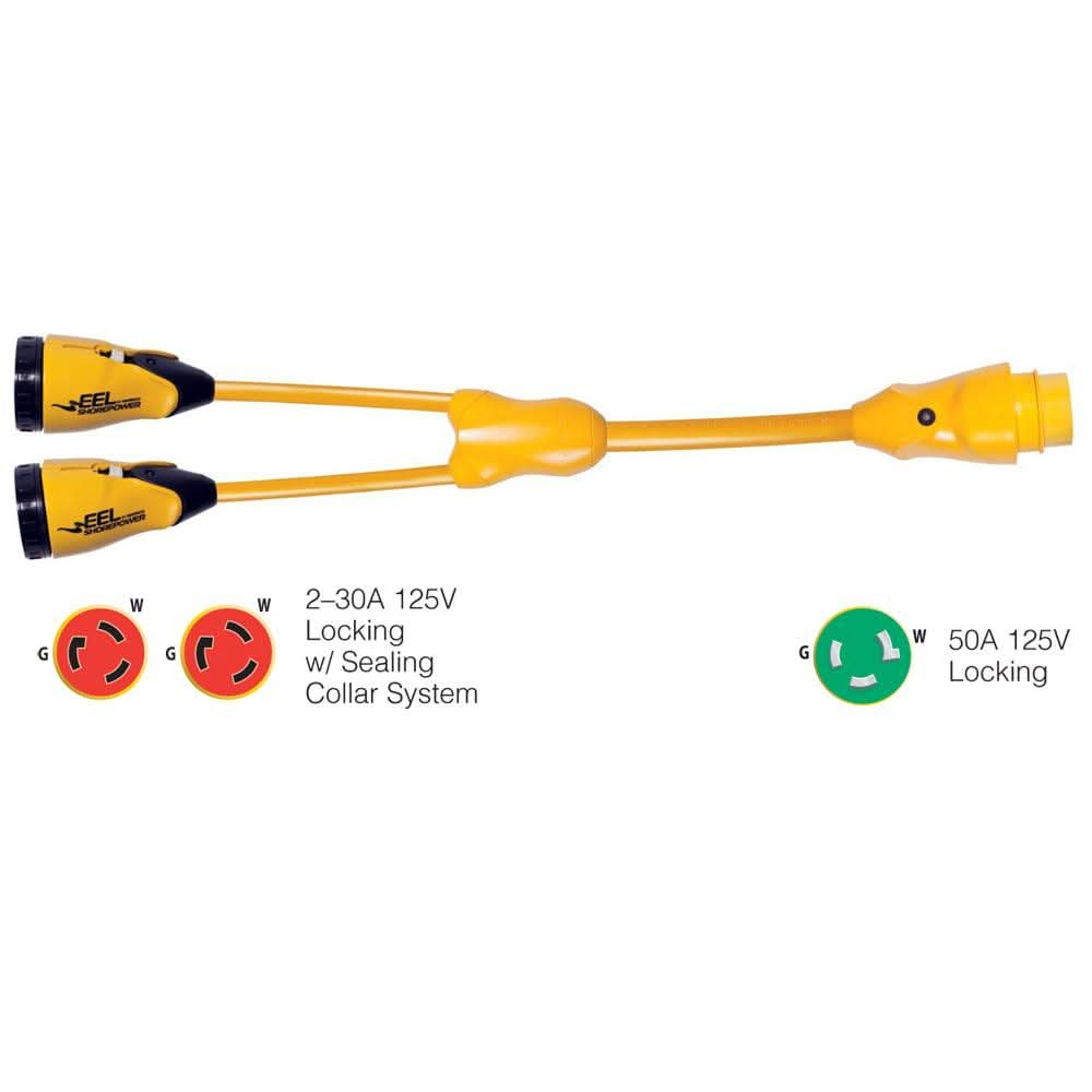 Marinco Y503-2-30 yellow Y adapter with two 30A female 125V connectors to one 50A male 125V connector for wet locations