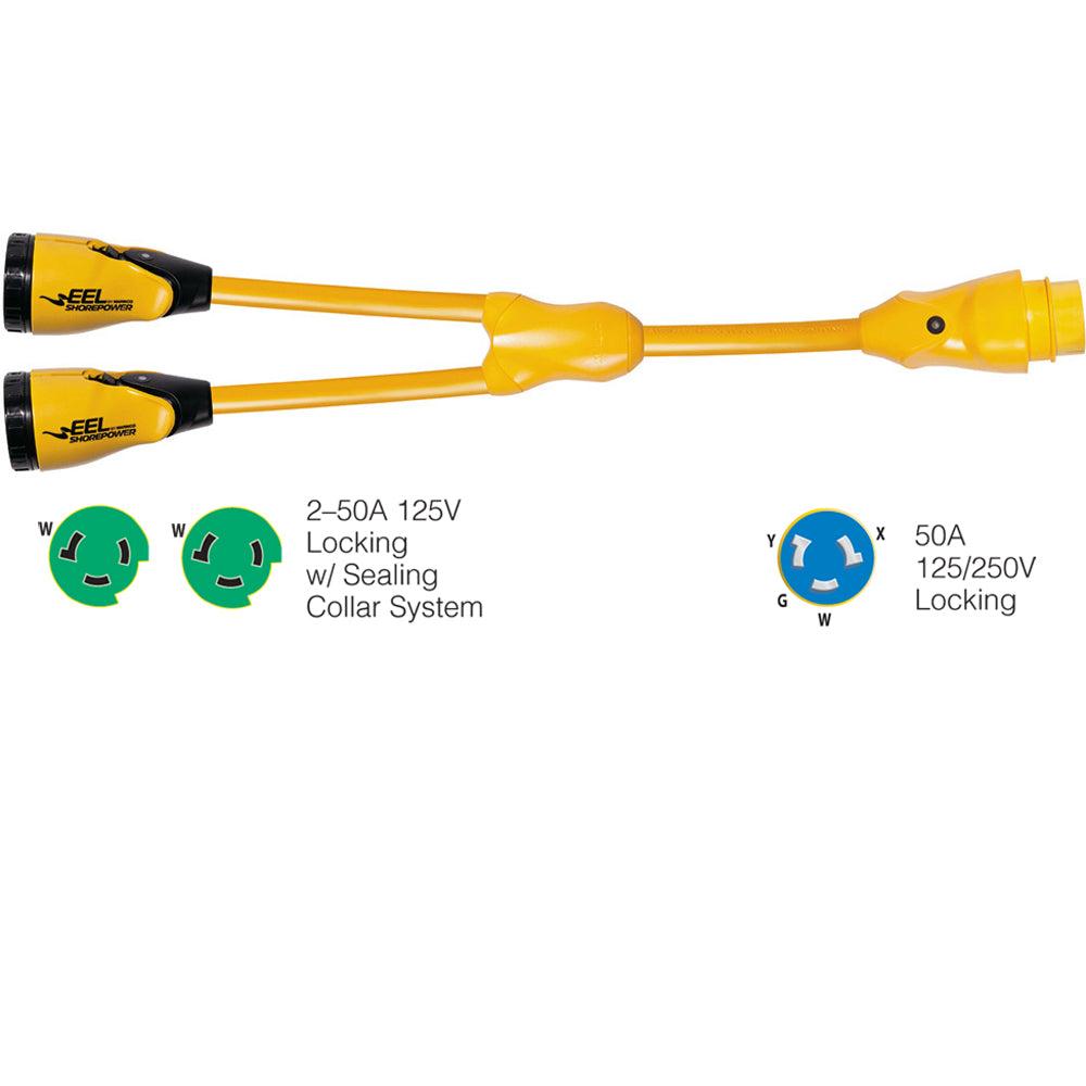 Marinco Y504-2-503 yellow Y adapter with (2) 50A-125V female and (1) 50A-125/250V male connectors with sealing collars for wet locations
