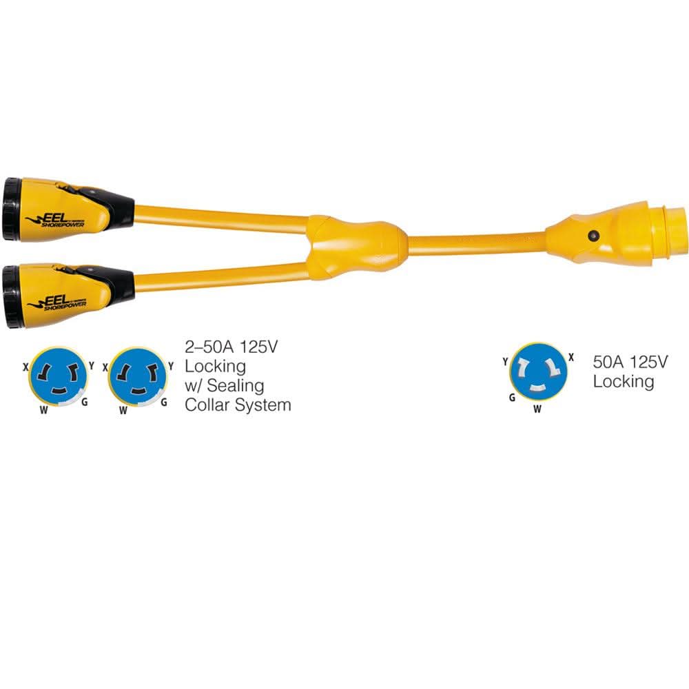 Marinco Y504-2-504 yellow Y adapter with (2) 50A 125/250V female locking connectors and (1) 50A 125/250V male locking plug with sealing collars for wet locations