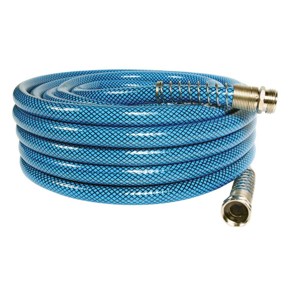 Blue Camco Premium Drinking Water Hose 50ft with anti-kink design and machined fittings