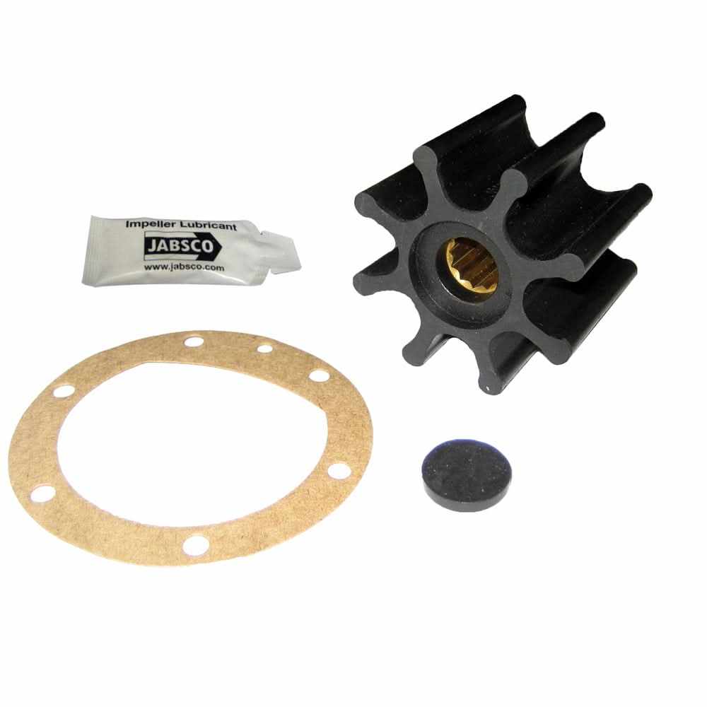 Jabsco impeller kit with 8 blade nitrile impeller, gasket, lubricant, and small black seal