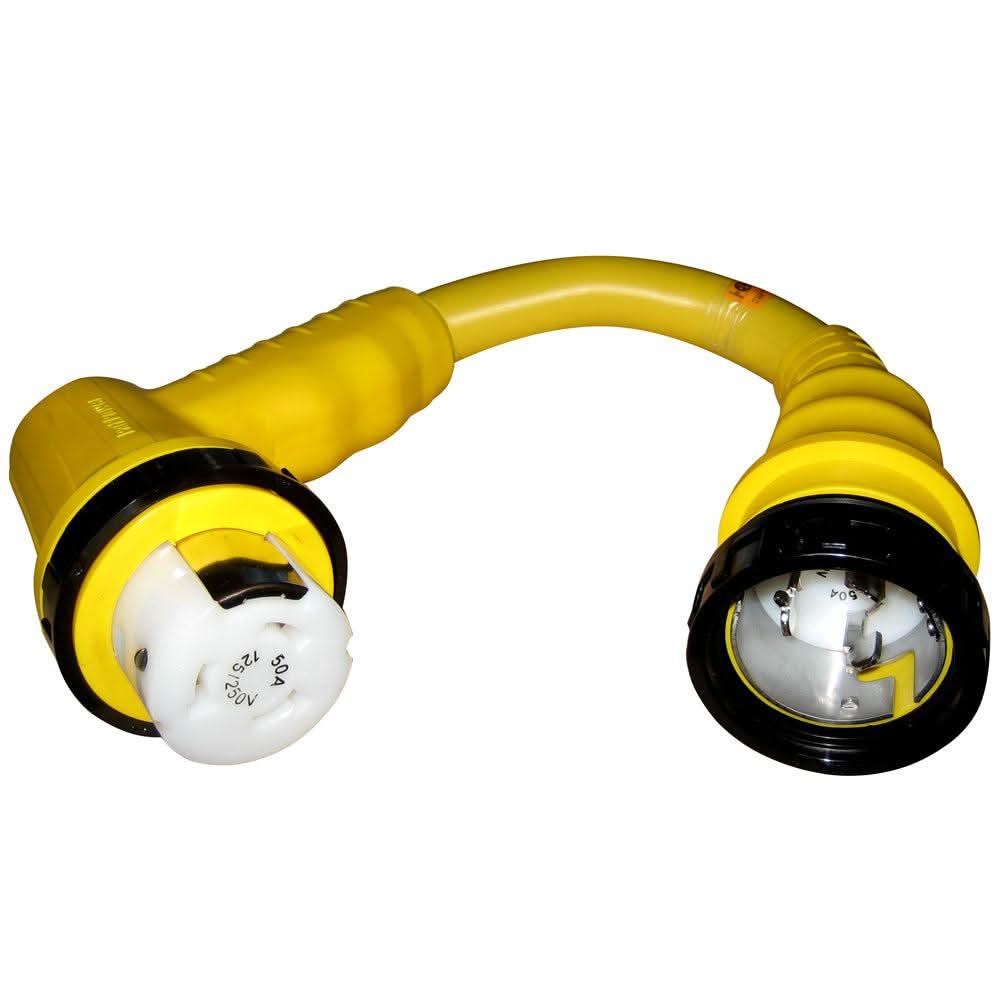 Marinco 50 Amp right angle corset adapter with GripLock handle, flexible 10/3 cable, and moisture-sealing collar.