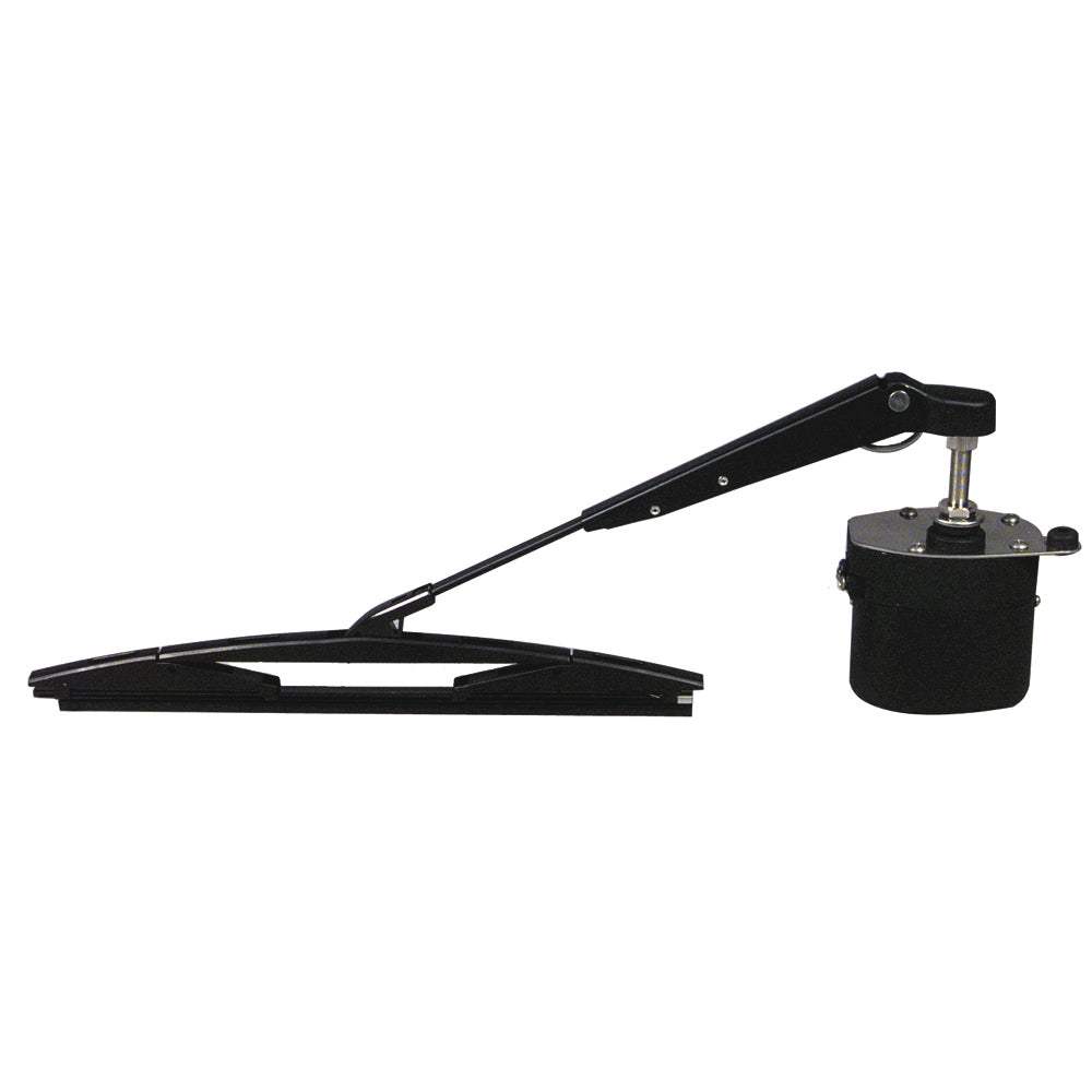 Ongaro Standard Wiper Motor Kit with 1.5" shaft, 14" arm and blade, 12V, black powder coated aluminum cover and stainless steel mounting parts