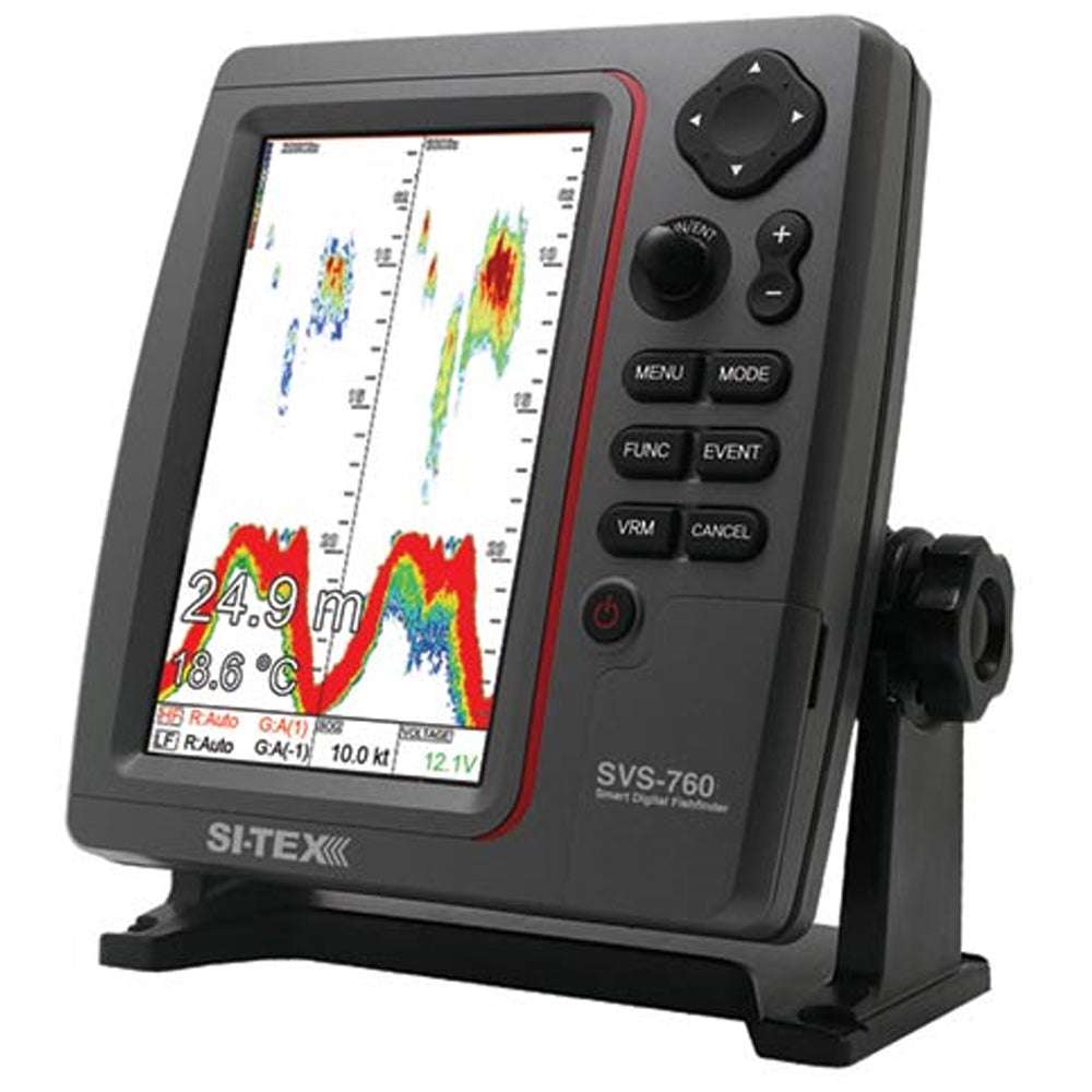SI-TEX SVS-760 dual frequency sounder with 7.5-inch color LCD and 600W output displaying fish and seabed data