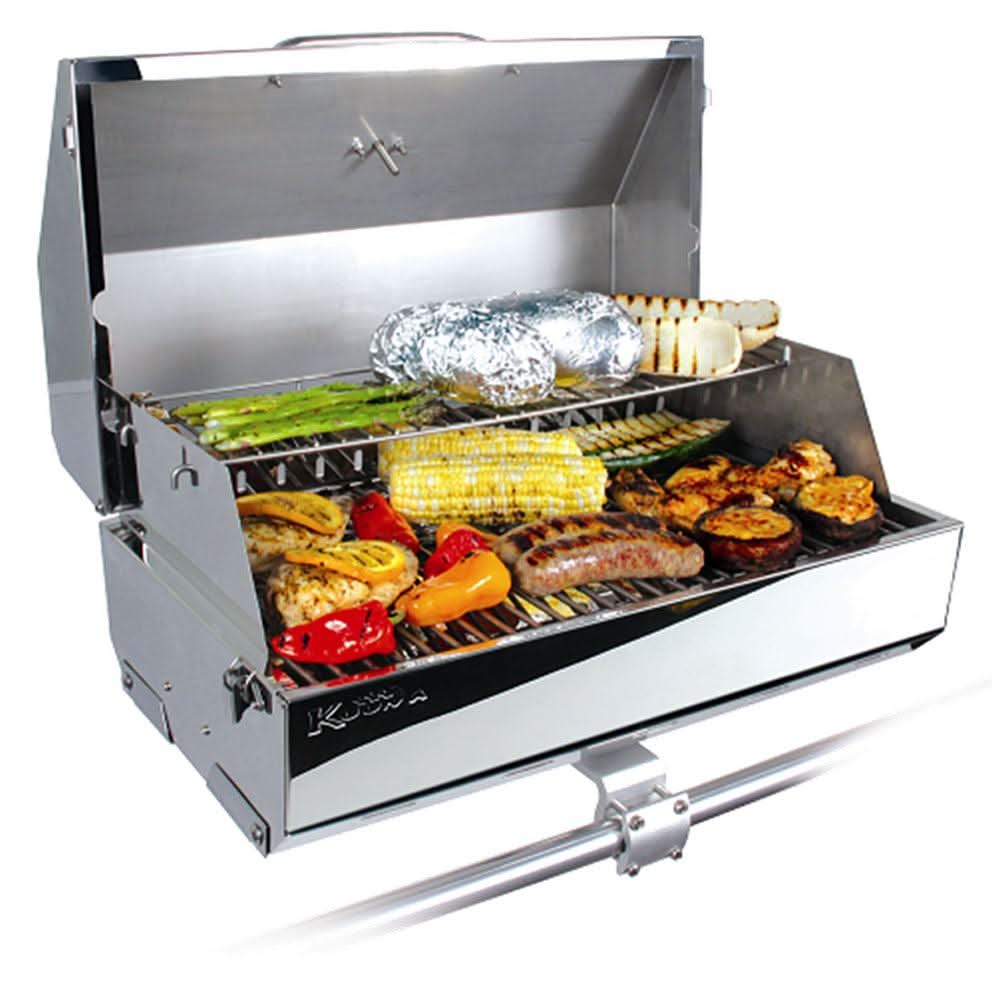 Kuuma Elite 316 Gas Grill stainless steel portable grill with cooking food and warming rack