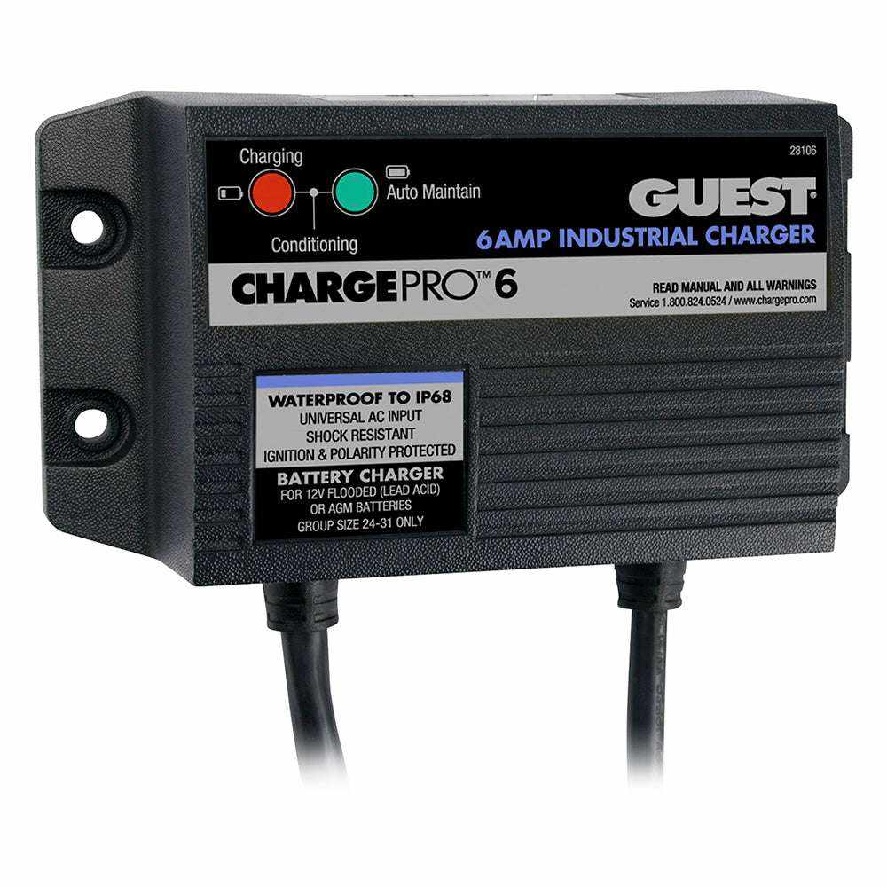 Guest 6A 12V 1-bank marine battery charger with 120V input, waterproof and corrosion-resistant design.