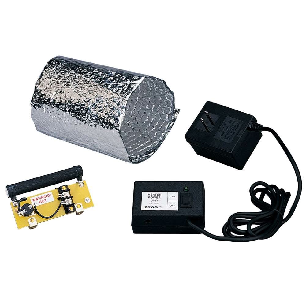 Davis Rain Collection Heater kit with 24W heater, thermal switch, control unit, reflective blanket, and AC adapter for weather stations