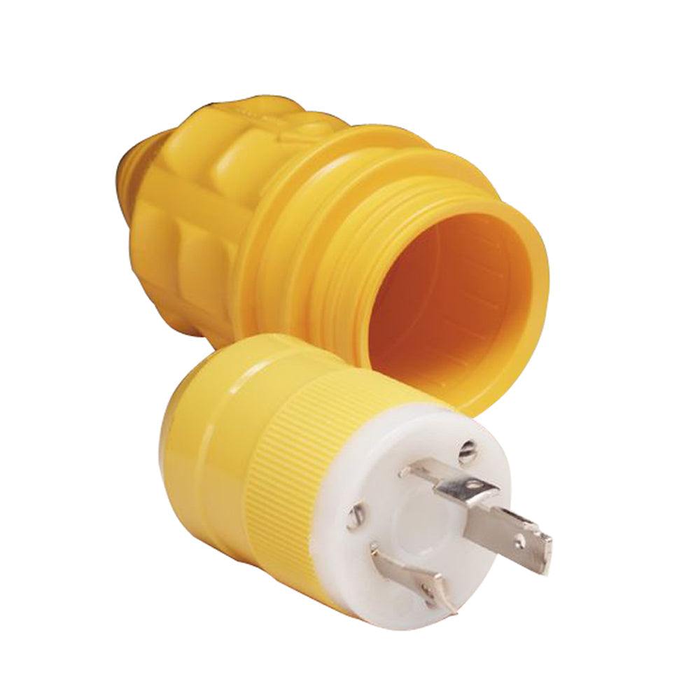 Marinco yellow 30A 125V locking blade male plug with weather resistant boot cover