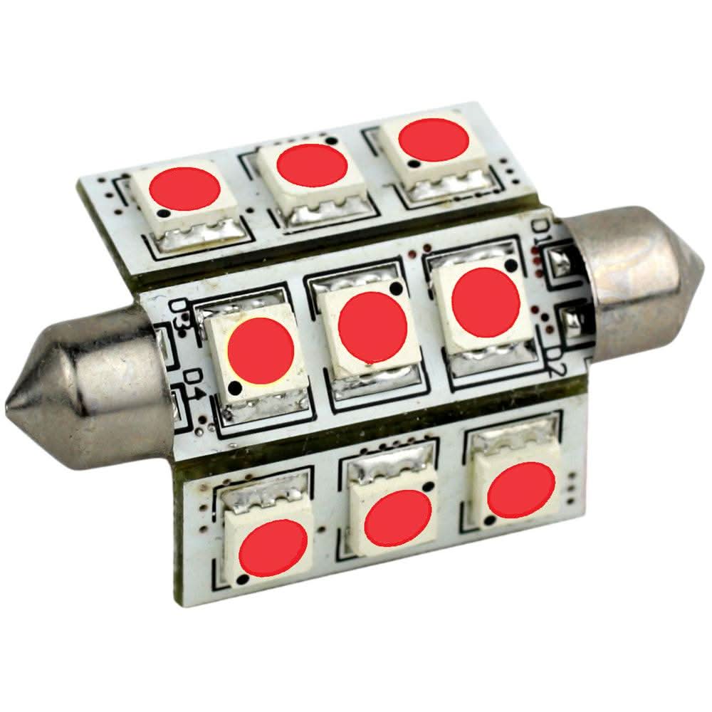 Lunasea Pointed Festoon 9 LED red light bulb 42mm for boating and navigation