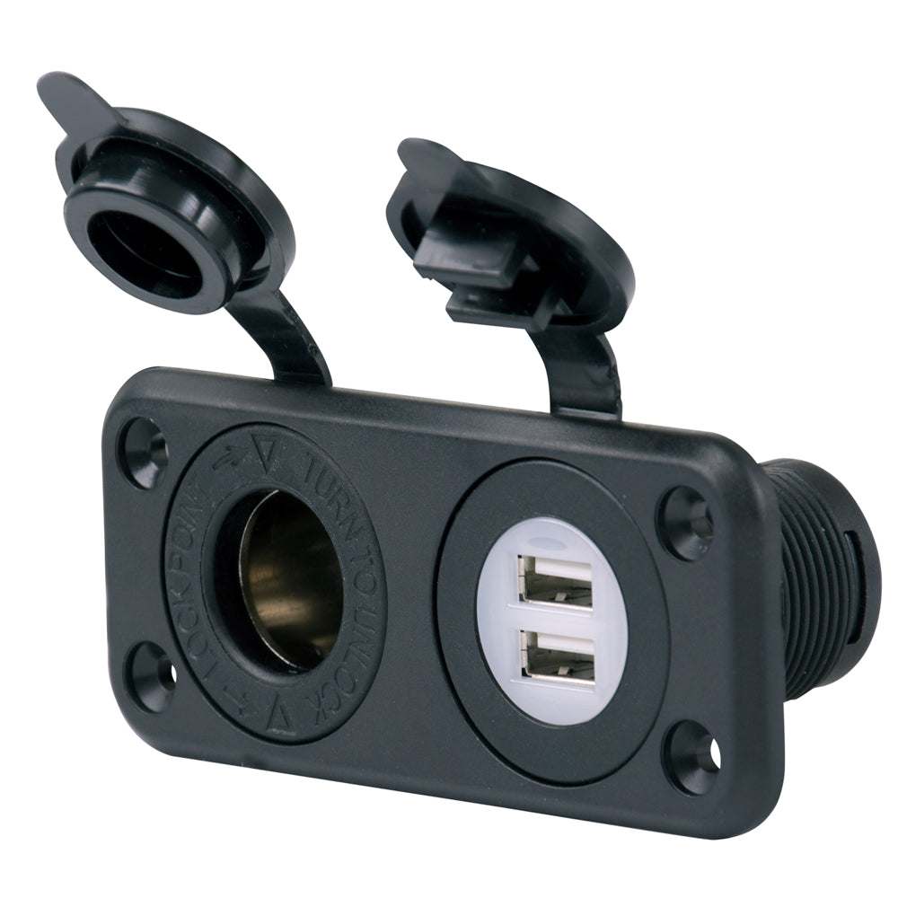 Marinco SeaLink Deluxe dual USB charger and 12V receptacle with water-resistant covers and LED indicator