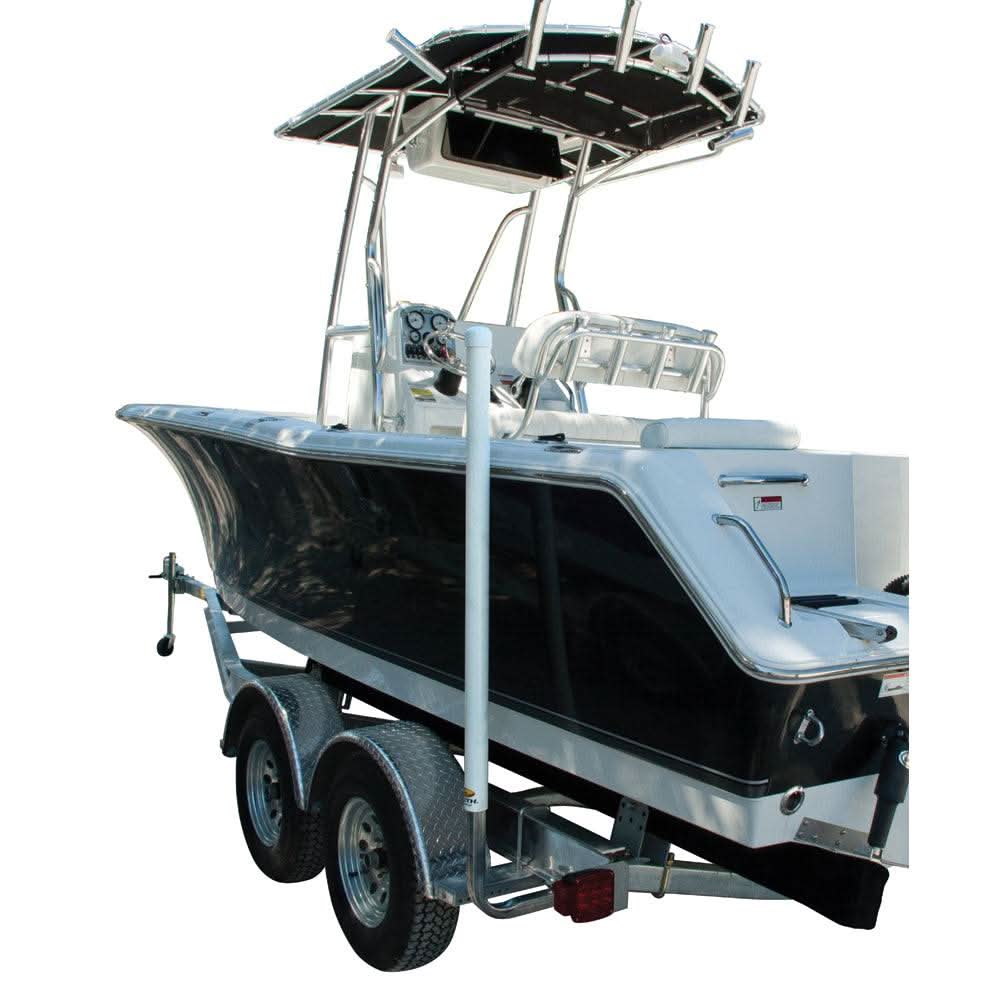 C.E. Smith 60" Post Guide-On mounted on boat trailer I-beam with white PVC post and galvanized steel upright