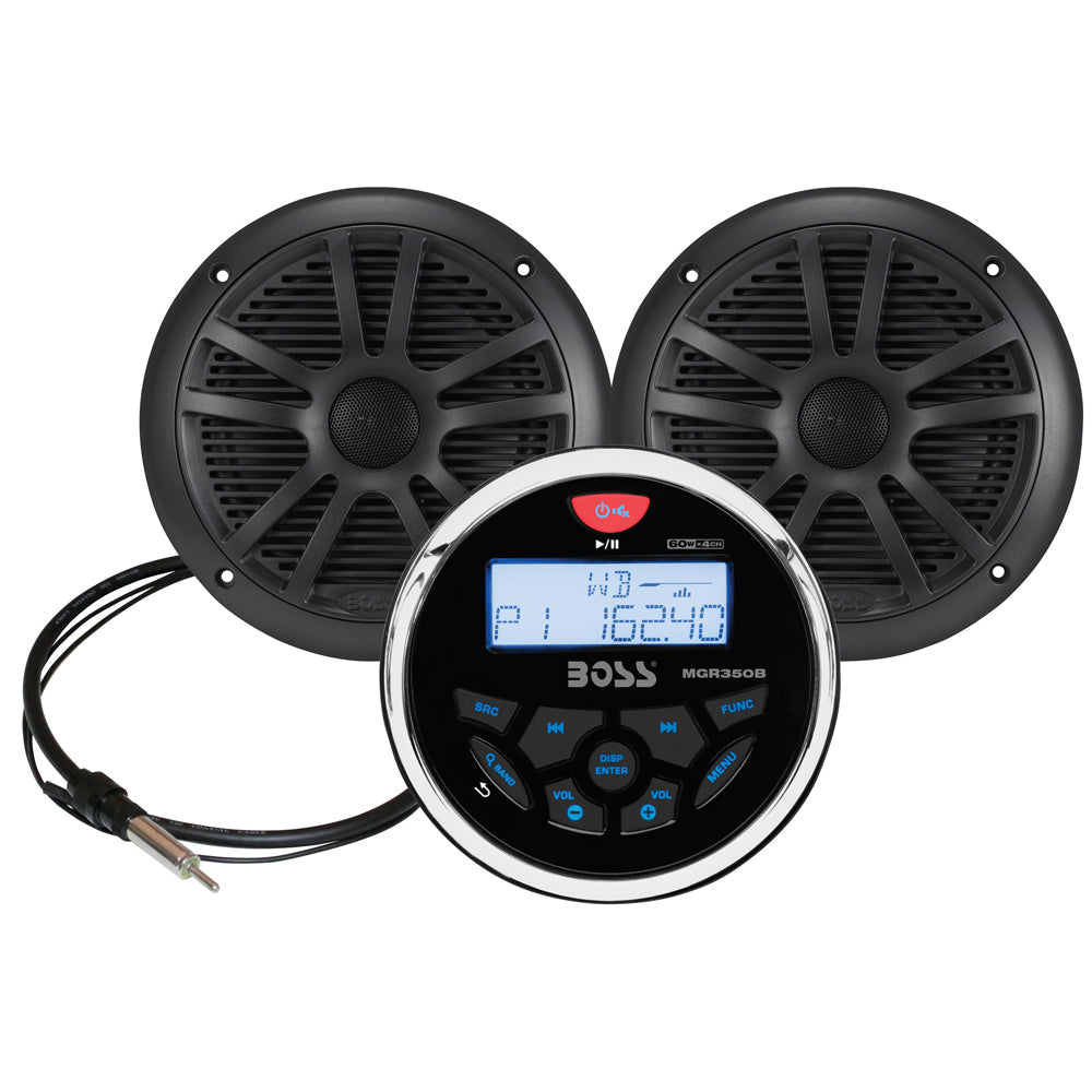 Boss Audio MCKGB350B.6 Combo - Marine Gauge Radio w/Marine Antenna & 2 6.5" Speakers - Black - MCKGB350B.6