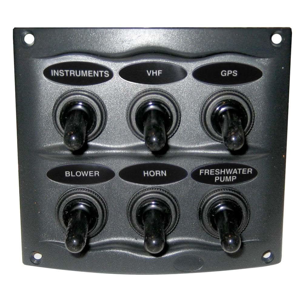 Marinco Waterproof Panel with 6 switches in grey, compact size, IP56 rated, sprayproof fuse holders, waterproof power receptacles, 20A DC switches