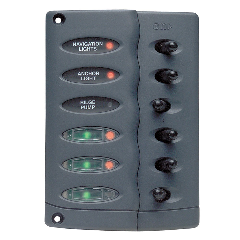 Marinco Contour Switch Panel waterproof 6 way with fuse holder and labeled switches for navigation lights anchor light and bilge pump