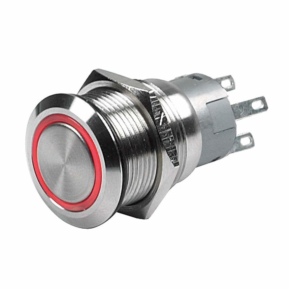 Marinco 24V latching push button switch with red LED and stainless steel housing