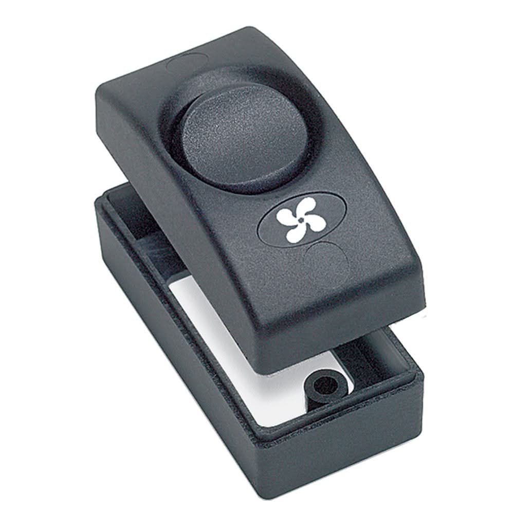 Marinco Countour 1100 Series black single interior on/off switch with fan icon and mounting base