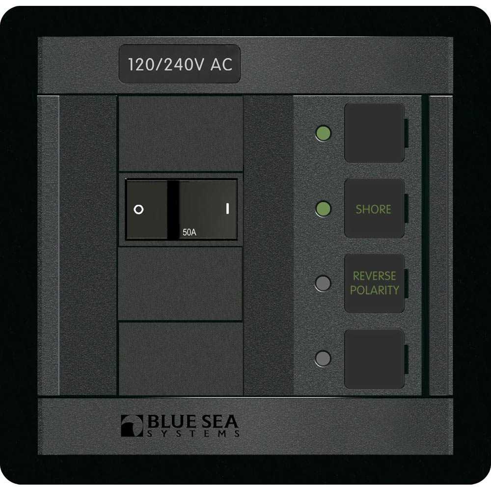 Blue Sea 1168 triple-pole flat rocker circuit breaker 50A 120/240V AC with backlit labels and flexible panel system