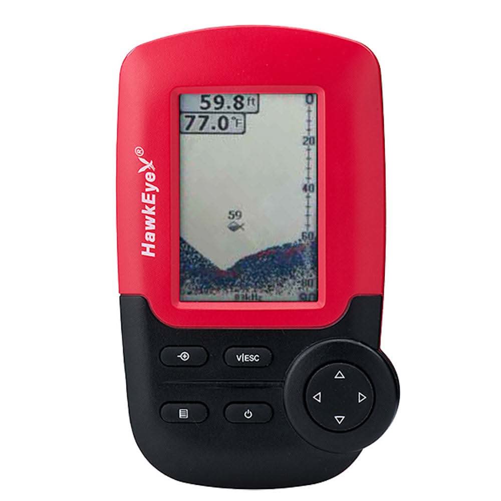 HawkEye FishTrax 1C handheld fish finder with HD color display and sonar detection up to 240 feet.
