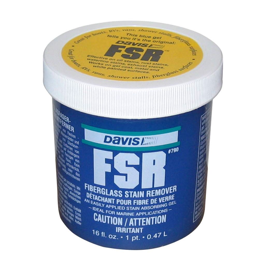 Davis FSR Fiberglass Stain Remover 16oz container for removing oil, rust, and waterline stains on fiberglass surfaces